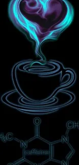 Neon coffee cup with heart-shaped steam on dark background.