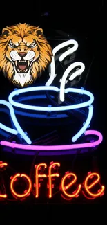 Neon wallpaper with lion and coffee cup.