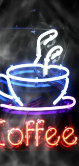 Neon coffee sign glowing in the dark.