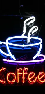 Vibrant neon coffee sign with glowing cup and red 'Coffee' text.