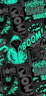 Neon comic art wallpaper with hooded figure and bold graphics.