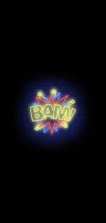 Neon BAM! comic pop art design on black background.