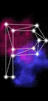 Neon constellation art on a black background featuring purple and blue tones.