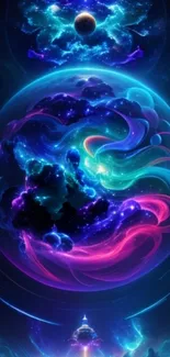 Vibrant neon cosmic wallpaper with swirling galaxies.