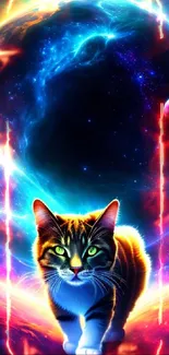 Bright neon cosmic cat in space with galaxy background.