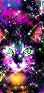 Vibrant neon cosmic cat mobile wallpaper.