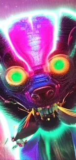 Neon cosmic creature with vibrant colors, green eyes, and glowing aura wallpaper.