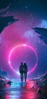 Couple standing in neon cosmic landscape with purple and blue hues.