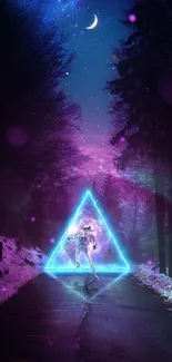 A neon-lit forest with a glowing geometric shape at night.