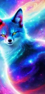 Vibrant neon fox with cosmic galaxy background.