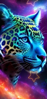 Neon cosmic leopard with stars and galaxy background.