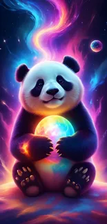 A neon cosmic panda holds a glowing orb in a colorful, fantastical scene.