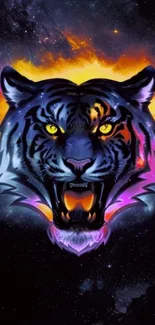 Vivid neon tiger head with cosmic background.