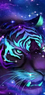 Neon cosmic tiger with vibrant galaxy background.