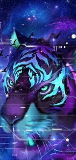 Neon blue and purple cosmic tiger wallpaper art.