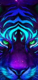 Neon cosmic tiger illustration with vibrant blue and purple hues.