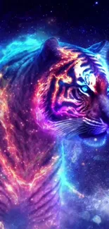 Neon cosmic tiger with vibrant colors and celestial background on mobile wallpaper.