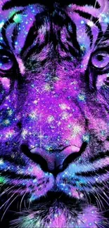 Cosmic neon tiger wallpaper with colorful stars.