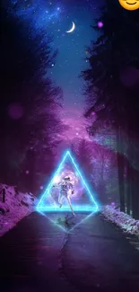 Neon-lit triangle on cosmic night road wallpaper.