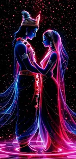 Neon couple standing in galaxy lights.