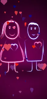 Vibrant neon couple with heart designs on a deep pink background.