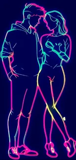 Neon silhouette of a couple on a dark blue background.