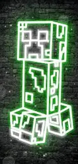 Neon creeper design on a brick wall, glowing in green.