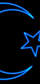 Neon crescent and star on a black background, glowing in blue.