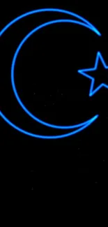 Neon blue crescent moon with star on black background.