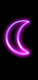 Pink neon crescent moon on black background wallpaper.