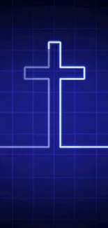 Neon cross on a dark blue grid background wallpaper.