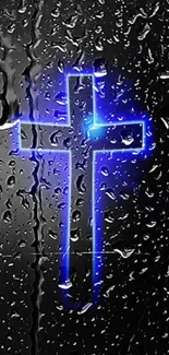 Stylish neon blue cross on rainy glass background.