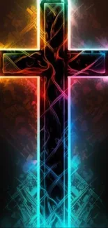 Vibrant neon cross glowing with rainbow colors on a dark background.