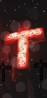 Red neon cross sign with 'Jesus Saves' glowing bright.