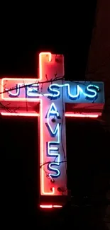 Neon cross with 'Jesus Saves' in red and blue lights.