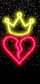 Neon yellow crown and broken heart on black wallpaper.