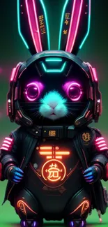 Neon cyber bunny with vibrant hues and futuristic design on a green background.