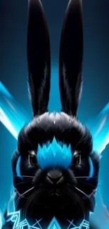 A striking neon cyber bunny against a dark background with electric blue highlights.