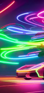 Futuristic cyber car with neon lights streaking across in vibrant colors.