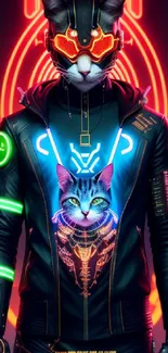 Futuristic neon cyber cat in digital art style with vibrant colors.