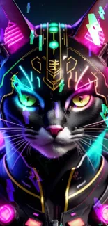 A vibrant neon cyber cat with glowing elements and futuristic design.