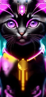 Futuristic neon cyber cat with glowing accents in pink and purple.