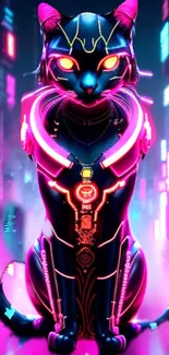 Neon cyber cat in a futuristic tech design with vibrant colors.