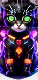 Neon cyber cat with glowing green eyes and futuristic outfit.