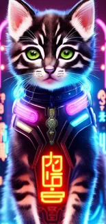 Futuristic neon cyber cat with glowing elements.