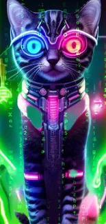 Neon cyber cat with vibrant glowing eyes in digital art style