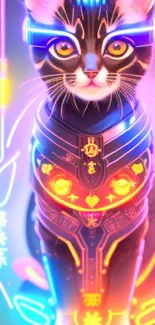 Futuristic neon cat in cyber armor glowing vibrantly.