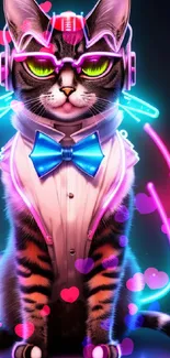 Neon cyber cat with glowing glasses and tech-inspired colors.