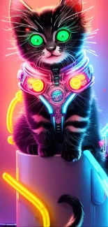 Neon cyber cat with vibrant colors and glowing accents in a futuristic design.