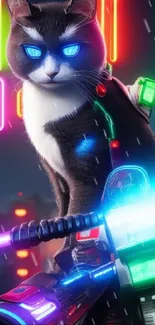 Cyber cat with neon lights and vibrant colors.